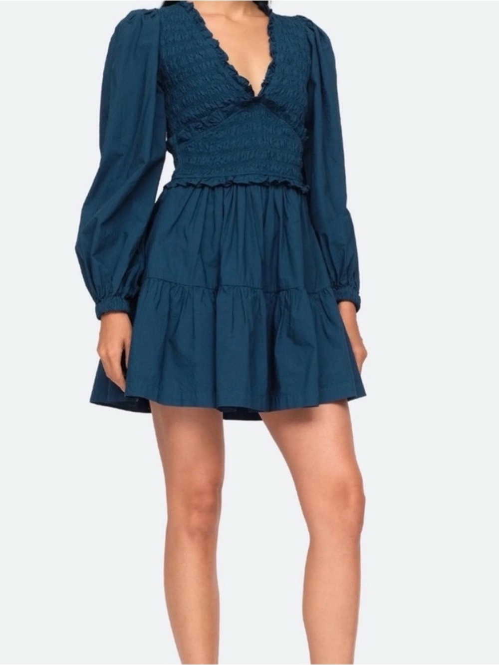 Navy Sea New York Smocked V-Neck Long Sleeve Mini Dress - Teal Blue